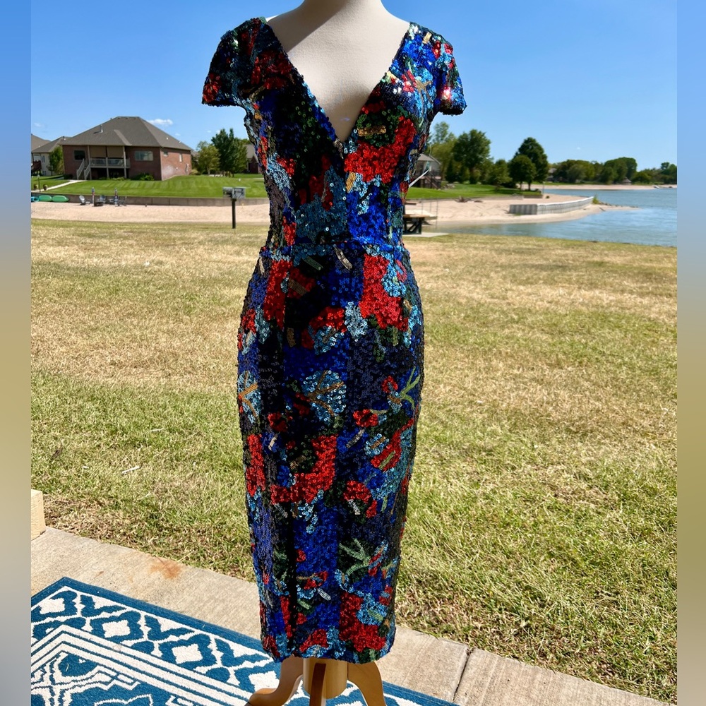 XS Dress The Population Sequin Cobalt Midi NWT